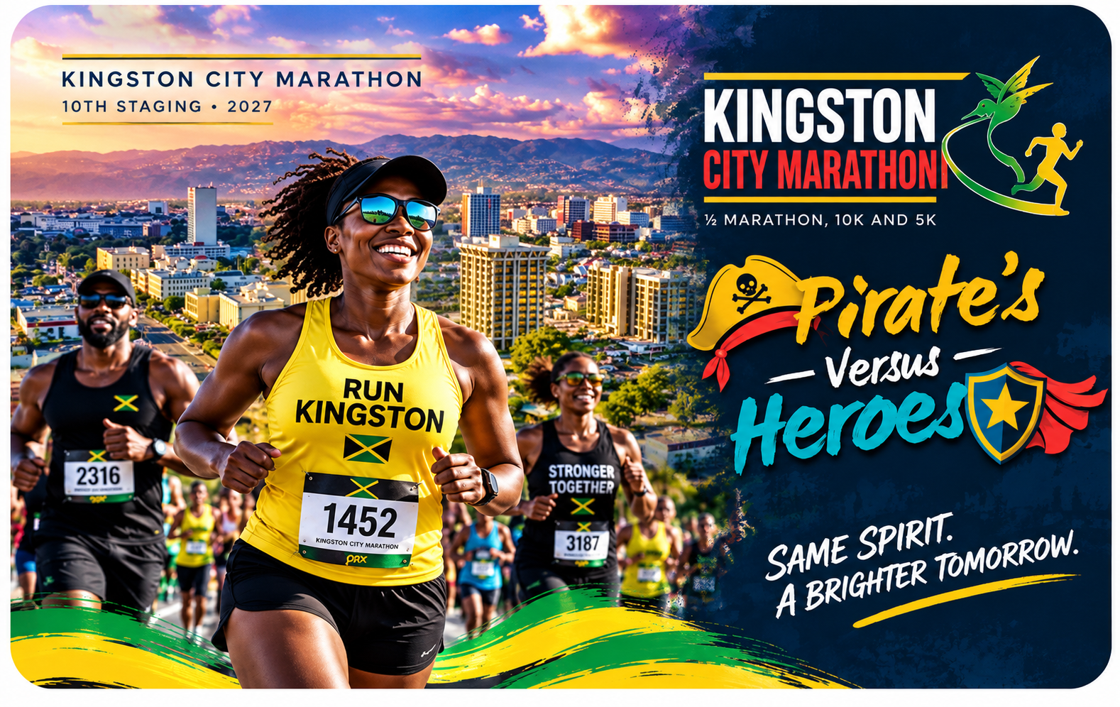 Kingston City Marathon 2027 Pirates versus Heroes campaign featuring runners in Kingston